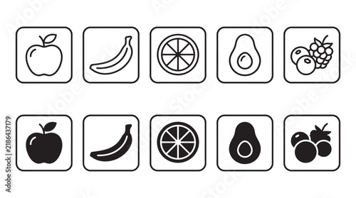 Collection of fruit food icons in line and solid square styles with orange slice food symbols graphic design icon set