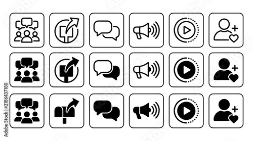 Set of social media and communication icons in line and solid square styles with chat bubbles add friend graphic