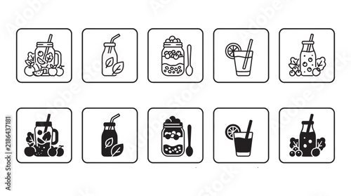 Set of healthy beverage and smoothie icons in linear and solid styles with fruit juice glass drink food icons