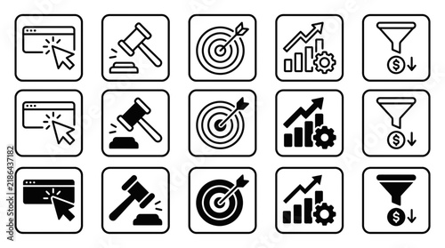 Business and strategy icon set representing web interface legal action goal achievement growth conversion with UI design