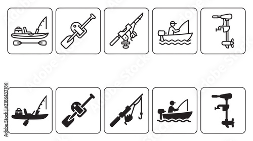 Fishing equipment and boating activities icon set including kayak paddle fishing rod boat motor with fishing icons