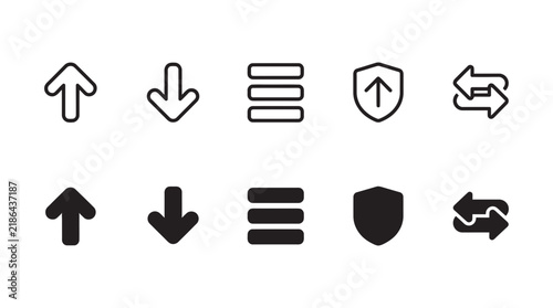 Interface navigation and status icon set including arrows menu list security shield sync symbols with navigation icons