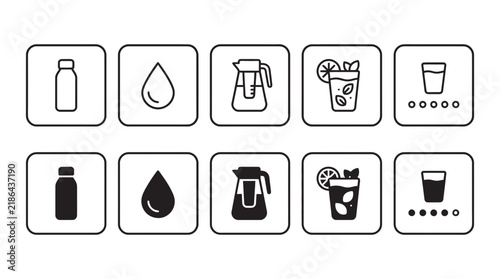 Drink and hydration icon set featuring water bottle drop pitcher infused water glass drink icons hydration symbols