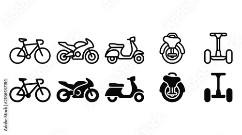 Set of modern urban transport icons including bicycles motorcycles scooters and self balancing vehicles with transport
