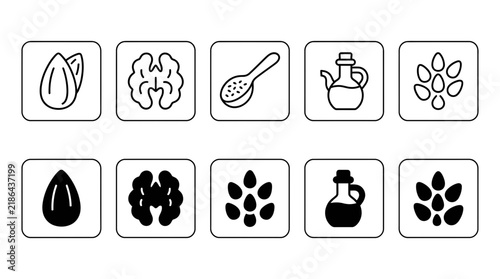 Collection of healthy plant based food icons featuring nuts seeds and oil in square frames vegetarian nutrition
