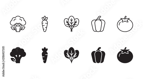 Vegetable icon collection with broccoli carrot spinach bell pepper and tomato in outline and solid black silhouette