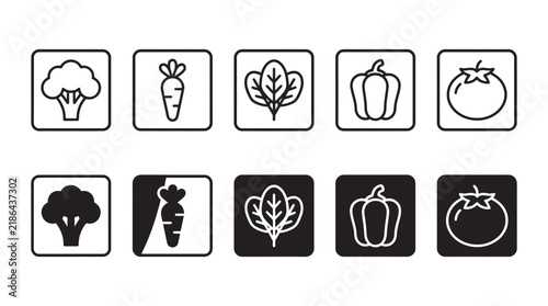 Set of vegetable icons arranged in rounded square boxes featuring broccoli carrot spinach pepper and tomato