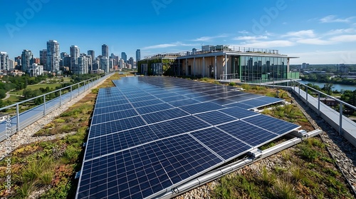 Solar panels on a green rooftop with a city skyline in the background on a sunny day