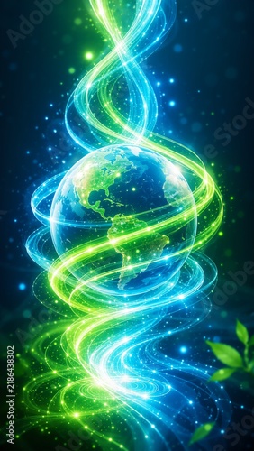 Bright blue and green light ribbons spiral around a glowing Earth against a dark abstract space background, suggesting renewable energy, global connection, and environmental technology.