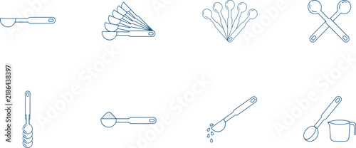 Fotografie Measuring Spoons Icon Set, Blue Outlines, Kitchen Tools, Cooking Utensils, Fanne
