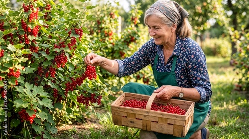 Tapety artystyczne Woman Harvesting Fresh Red Currants in a Garden.