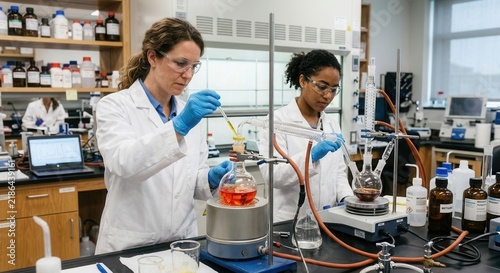 Diverse Scientists Conduct Complex Experiments in Modern Laboratory Setting