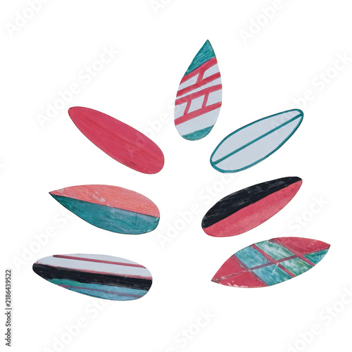Six hand-painted leaf-shaped paper cutouts with various colorful patterns and stripes arranged on a solid surface isolated on a transparent background