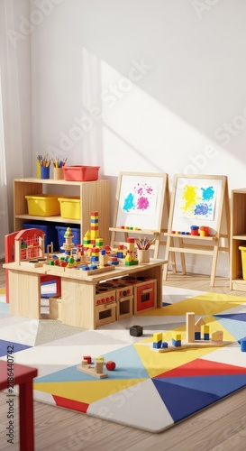 Vibrant primary colors fill a spacious preschool classroom featuring wooden toy sets, art easels, tiny tables, and soft play mats on floor, sunlit, creative, posters