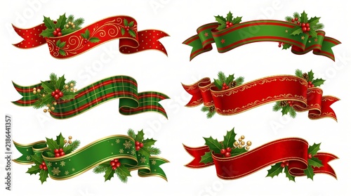 Christmas Ribbon Banner Collection with Holly Berries and Pinecones