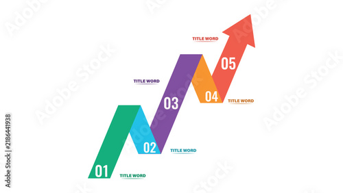 Business growth infographic template vector. Features colorful rising arrow with five numbered options and text placeholders. Clean layout for corporate presentation and financial report.
