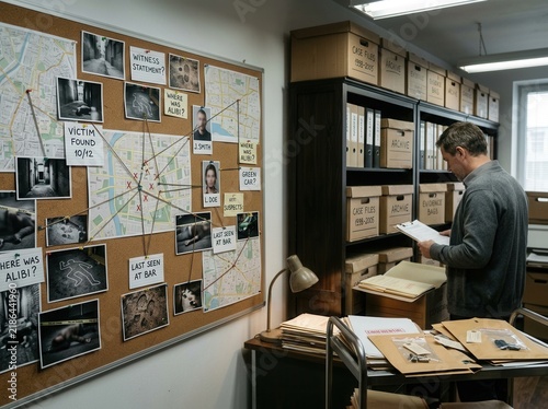 Detective Investigating Crime Scene Evidence Board and Case Files