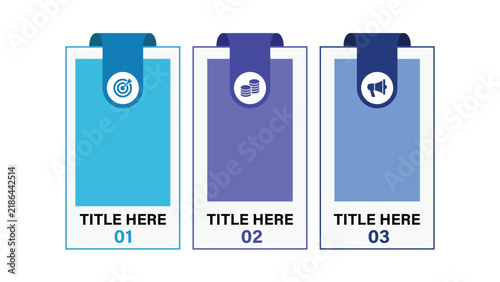 Business infographic template with three options. Features vertical banners, target, database, and megaphone icons. Blue corporate layout for presentation, workflow, and data visualization.