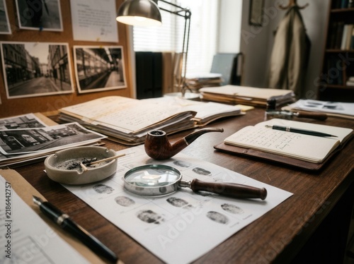 Detective Investigation Desk With Fingerprints And Pipe