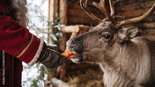 Santa gently feeding a reindeer before Christmas Eve, capturing an intimate and realistic behind-the-scenes moment.