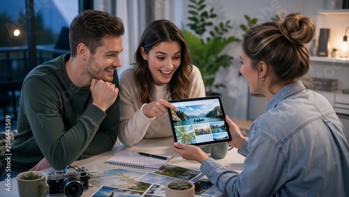 Three friends smile and review vacation photos on a tablet at a home table, with printed pictures, a notebook, and a camera suggesting travel planning and shared memories.