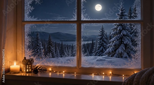 A magical winter scene viewed through a frosty window with snow-covered pine trees glisten in the soft moonlight.