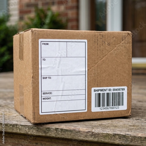 Cardboard shipping box with label and barcode on wooden porch