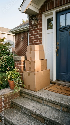 Cardboard boxes stacked on front porch steps near blue door