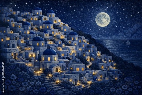 Moonlit Greek Island Village by the Sea