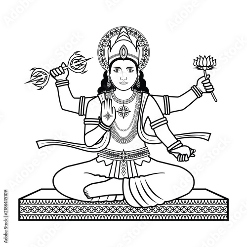 Line art Illustration vector of Indra Hindu god drawing in black and white