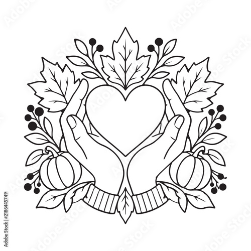 Autumn Harvest Heart with Helping Hands, Pumpkins and Maple Leaves Line Art