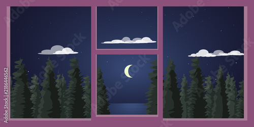 Canvastavla View of a moonlit night through a purple-framed window