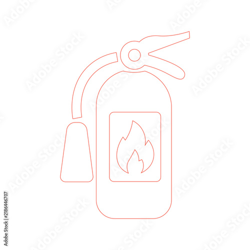 Fire extinguisher line vector icon featuring red outline safety cylinder, hose nozzle, flame label, and trigger handle for emergency protection and fire safety.