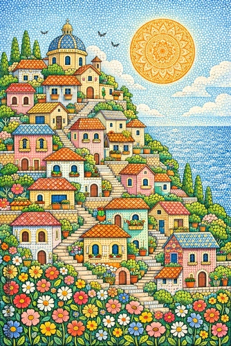 Mediterranean Hillside Village With Blue Dome Church