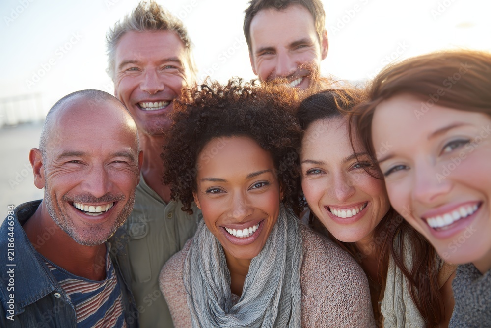 Obraz premium A happy group of friends are together in this close-up of smiling faces, a portrait of togetherness and joy, emphasizing genuine moments and connection