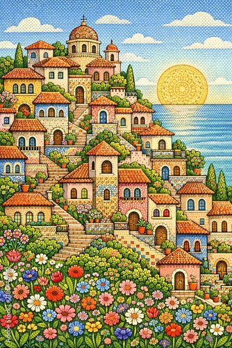 Colorful Mediterranean Hillside Village at Sunset