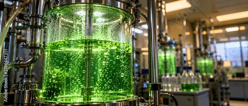 Industrial Bioreactor Tank with Glowing Green Algae Culture in Biotech Lab