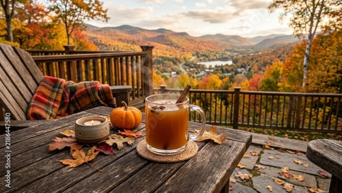 Cozy Autumn Deck with Spiced Apple Cider Pumpkin and Mountain View
