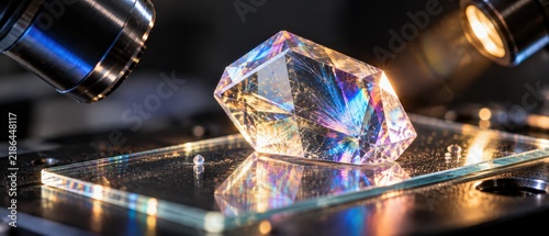 Macro View of Synthetic Crystal Sample Under Laboratory Microscope Analysis
