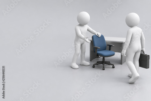 Faceless figure offers an office chair to a visitor with briefcase. Space for text.