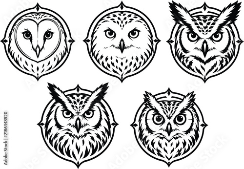 Five owl head illustrations within circular frames black and white