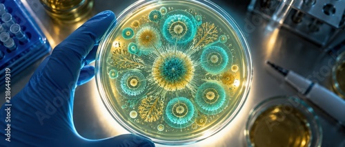 Scientist Holding Petri Dish with Colorful Radial Bacterial Colony Growth Pattern