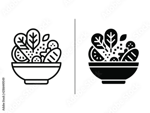 Healthy salad bowl icon with leafy vegetables and fresh produce for nutrition, vegan food, healthy eating and restaurant branding