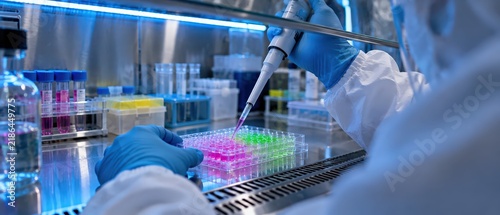 Scientist Using Pipette to Fill Microplate Wells with Colorful Samples in Biosafety Cabinet