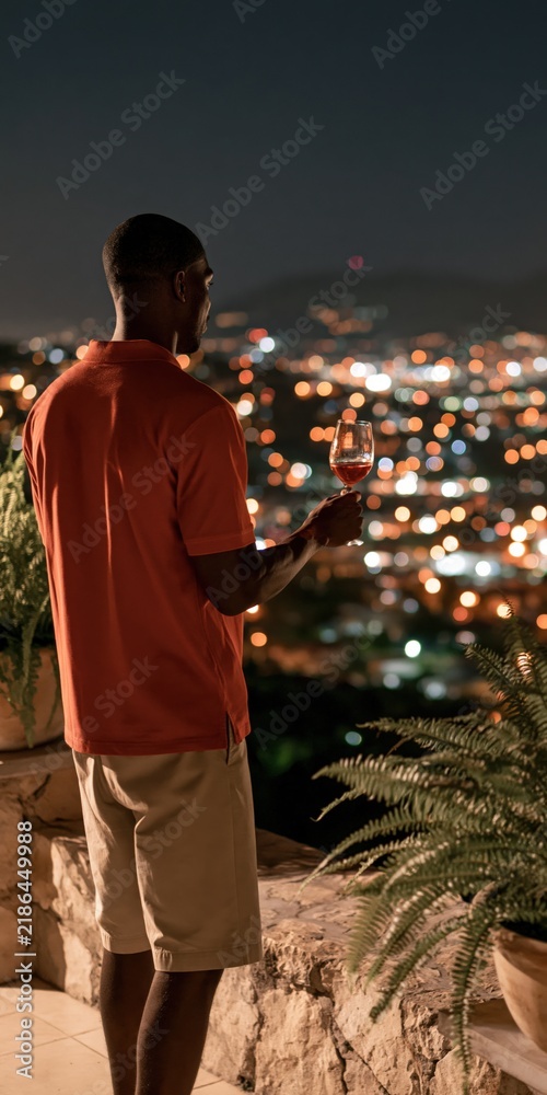 Fototapeta premium Man enjoying a glass of wine overlooking city night lights for relaxing evening background and urban rooftop lifestyle banner design