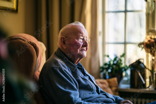 Elderly person at home independent living and healthcare support concept. Senior person sitting in sofa at home, alone. Loneliness.