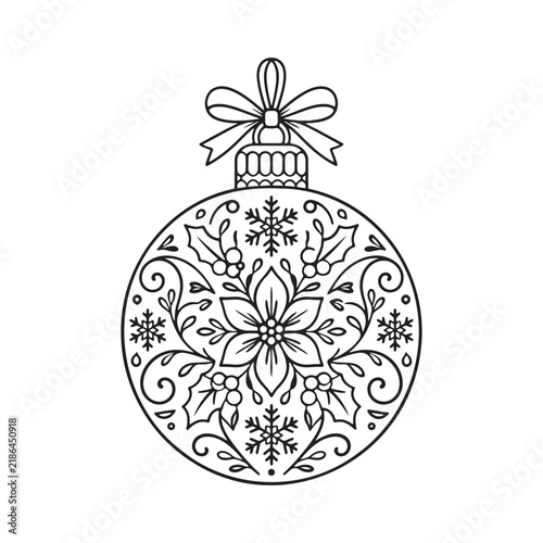 Christmas Bauble Ornament with Floral Snowflake and Holly Line Art