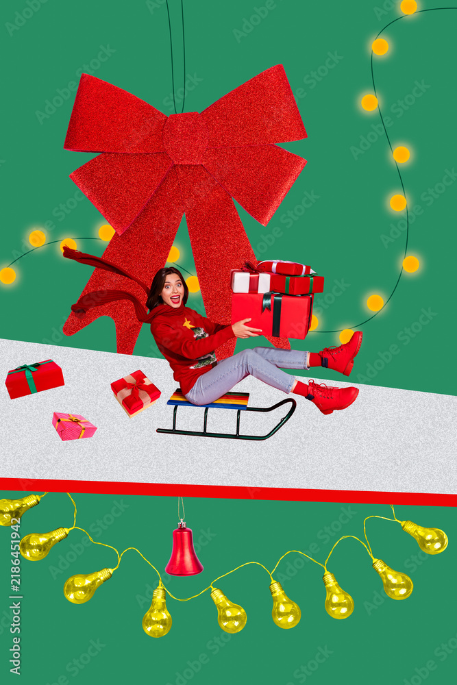 Naklejka premium 3d banner poster creative image collage of happy girl ride sledge carry present box light bulb garland winter holiday present
