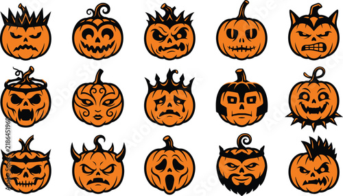 Set of hand drawn halloween pumpkin jack o lantern faces with various expressions isolated on white background
