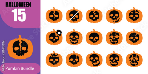 Set of fifteen unique halloween pumpkin carvings featuring scary skull designs for festive holiday decoration and party invitations